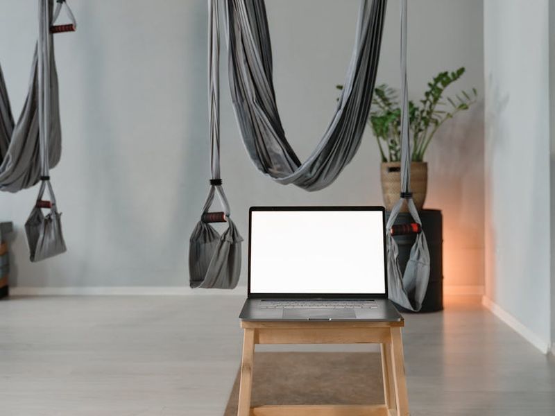 Detailed view of yoga equipment and a peaceful practice space.
