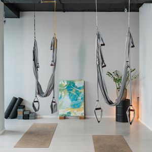 Interior of a minimalist yoga studio space.